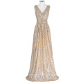 Kate Kasin Ärmelloses V-Ausschnitt Golden Shining Sequined Lange Abendkleid KK000199-1